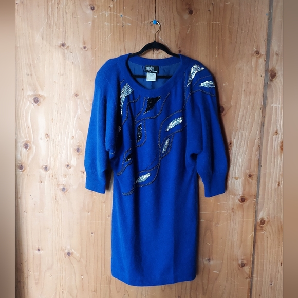 Cee Gee By Sue Wong Vintage Cobalt Blue Lambswool Blend Sweater Dress - Picture 1 of 14